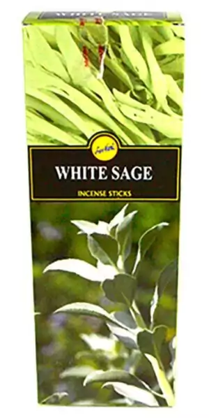 Box of 6 packs of Sree Vani white sage hand-rolled Indian masala incense sticks for cleansing and purification rituals.
