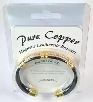 Magnetic leatherette copper bracelet in original packaging — adjustable bracelet with copper design elements and magnetic properties showing the wearable healing accessory.