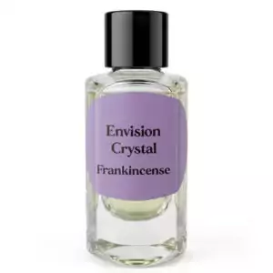 Small glass bottle of Envision Crystal Frankincense ritual anointing oil with light yellow liquid, purple label, and black cap for purification ritual use