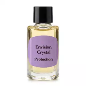 Small bottle of Envision Crystal Protection ritual anointing oil with yellow liquid, black cap, and purple label, 2 dram formula for warding and protective magic