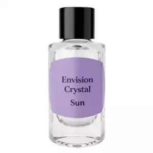 Clear glass bottle of Envision Crystal Sun ritual anointing oil with purple label and black text, 2 dram solar-correspondenced oil for confidence and success