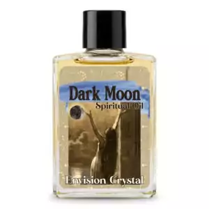 Clear 4-dram bottle of Envision Crystal Dark Moon ritual oil with silhouetted figure label, for new moon shadow work and banishing anointing rituals.