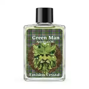 Clear 4-dram bottle of Envision Crystal Green Man anointing oil with label featuring a green face surrounded by leaves, for nature magic and Beltane rituals.