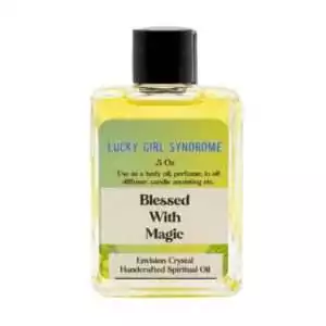Lucky Girl Syndrome 4 dram ritual oil bottle with Blessed With Magic subtitle — handcrafted spiritual fragrance oil label detail.