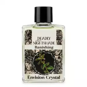 Clear 4-dram bottle of Envision Crystal Nightshade Banishing Oil with black lace detail and botanical nightshade illustration label, for cord-cutting and banishing rituals.