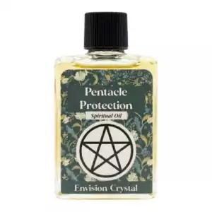 4-dram bottle of Pentacle Protection ritual oil by Envision Crystal with Blessed With Magic label and pentacle decoration — Wiccan protection anointing oil.