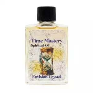 Bottle of Time Mastery spiritual oil 4 dram by Envision Crystals with hand-lettered label for focus and ritual anointing