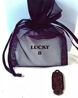 Black organza bag labeled Lucky 8 tied with ribbon alongside a decorative charm amulet for prosperity and good luck attraction