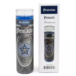 Tall Pentacle frankincense jar candle with blue top and protective pentagram symbol label alongside matching box for 90-hour Wiccan ritual burning