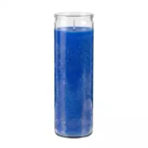 Tall clear glass jar filled with blue wax for a 7-day healing, peace, and communication ritual candle with unlit wick.