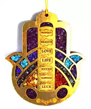 6-inch wooden hamsa hand wall hanging with colorful gemstone inlays and golden outline, featuring symbols for prosperity, health, love, luck, and happiness.