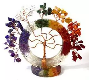 4½-inch circular Tree of Life wire-frame gemstone tree with colorful chakra crystal leaves in red, orange, yellow, green, blue, and purple tones on a natural base.