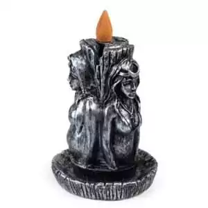 5.5-inch Maiden Mother Crone Triple Goddess backflow incense burner in resin with two stylized feminine figures, designed for reverse-cascade incense cone smoke effect.