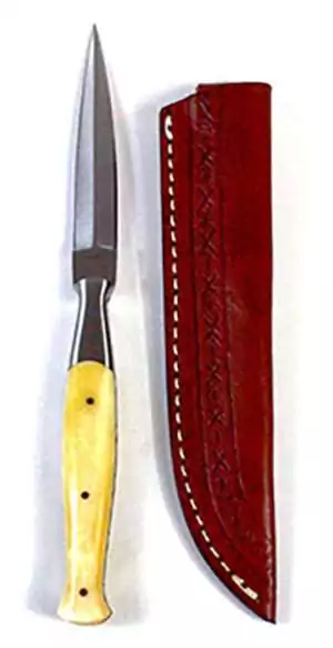8.5-inch bone slim athame showing sharp pointed blade with natural wooden handle beside a red leather sheath for ritual blade storage