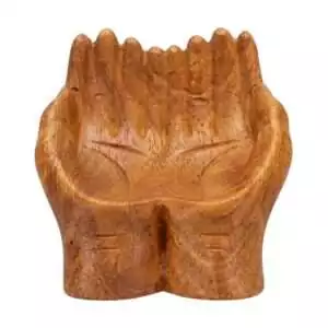 Carved wooden altar bowl shaped as two cupped hands held together for ritual offerings and crystal display on sacred altars