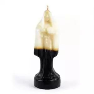10-inch Santa Muerte figure candle with white wax at the top transitioning to black at the base, shaped as a robed Holy Death figure with a wick at the crown.