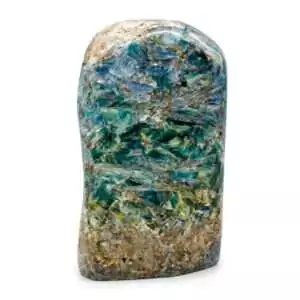 Large 1.7 lb raw kyanite free-shape specimen with bladed crystalline structure in green-blue hues, polished and irregular in form, displayed on a neutral surface.