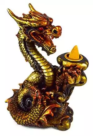 6-inch copper-toned resin dragon backflow incense burner with detailed sculpted dragon body, designed to create a cascading smoke waterfall when used with backflow cones.