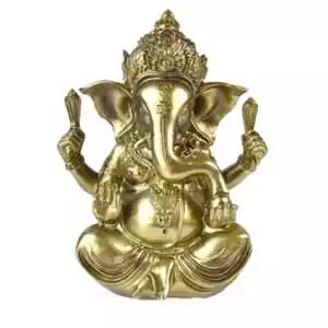 5.75-inch gold-finish cold-cast resin Ganesha statue — elephant-headed Hindu deity of wisdom and prosperity seated in a meditative pose for altar devotion.