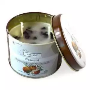 Round tin Ohli~Way Coco Quartz scented coconut wax candle 120g with crystal quartz for spiritual healing and clarity ritual burning.