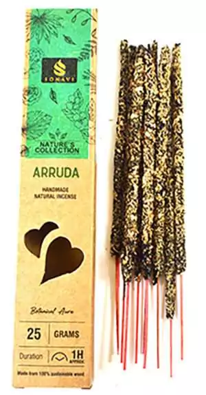Sonavi Arruda Rue incense sticks 25g pack — hand-rolled natural rue protection incense bundle in green botanical packaging for spiritual warding.