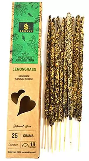 Decorative box of Sonavi handmade lemongrass incense sticks — green and gold design showing 25g weight and one-hour burn duration per stick.