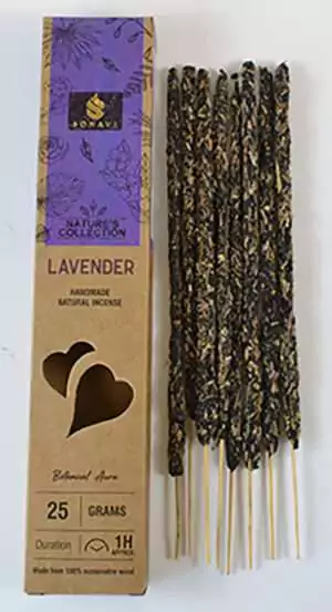 Lavender incense sticks arranged beside a decorative purple-heart Lavender labeled box from Sonavi Nature's Collection, 25gm natural hand-rolled sticks.