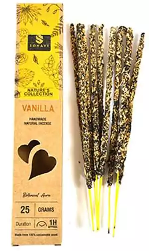 Handmade natural vanilla incense sticks by Sonavi in decorative packaging with warm tones, 25g bundle for calming meditation and daily sacred space practice.