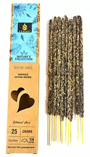 Natural white sage incense sticks in 25g Sonavi packaging for ritual space cleansing, aura purification, and sacred smoke ceremony use.