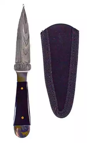 6.5-inch Bosom Damascus athame with a decorative pointed blade and black hilt for Wiccan ritual circle casting and ceremonial elemental work.