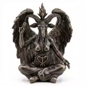 Large 24-inch bronze finish Baphomet statue with goat head, wings, and esoteric duality symbolism for ceremonial magic and occult altar display.