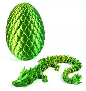 Vibrant green 3D-printed dragon egg and dragon figure decorative sculpture for earth dragon magic altars and fantasy home decor.