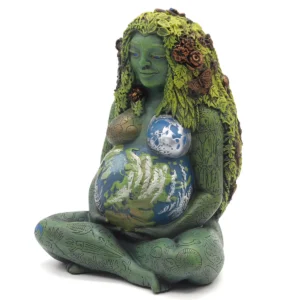 Green Millennial Gaia goddess statue with textured hair and nature motifs, side view showing intricate sculptural detail by Oberon Zell.