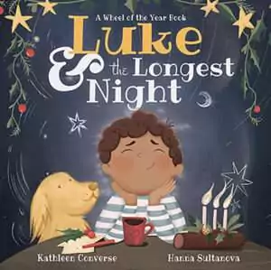 Luke and the Longest Night children's hardcover book cover featuring a curly-haired boy in a thoughtful wintry illustrated scene