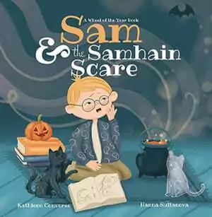 Sam and the Samhain Scare children's hardcover book cover showing a young bespectacled boy with Halloween and Samhain themed imagery