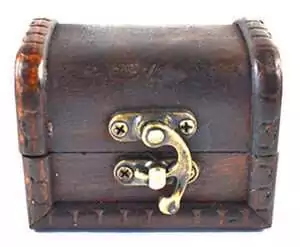 Small vintage wooden treasure chest with brass latch and decorative dark-finish edges, 2 1/4x3 inches, for storing crystals, herbs, and altar keepsakes.