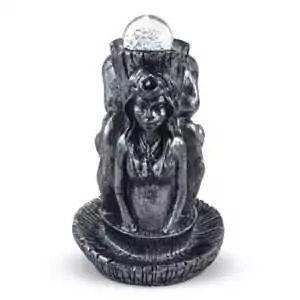 5-inch Mother Maiden Crone illuminated ball stand featuring a triple goddess figure with light, for holding a crystal ball as a Wiccan altar centerpiece.