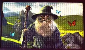 17.5x19.5 inch door mat with a whimsical illustration of a wizard cat wearing a long hat and carrying a staff for playful magical entryway decor.