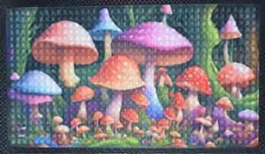 17.5x19.5 inch door mat with a colorful mushroom illustration in cottagecore witchy style for entryway decor with forest magic aesthetic.