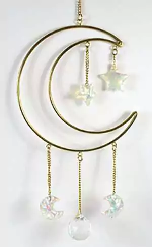 14.5x6 inch crescent moon wall hanging mobile with hanging gemstones and crystal suncatcher prisms creating a lunar altar decorative piece.