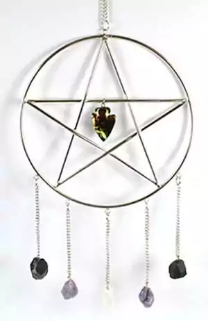 Pentagram wall hanging 15 by 6 inches with gemstones at points showing five-pointed star symbol with crystals for Wiccan altar wall display