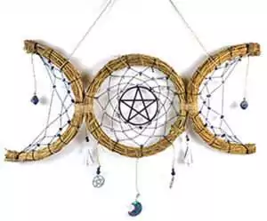 20x8 inch decorative triple moon wall hanging with wreath and dreamcatcher accents in a Wiccan pagan style for altar wall and sacred space decor.