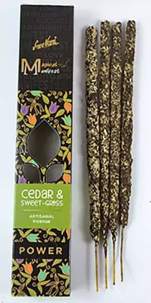 Cedar and Sweetgrass artisan ceremony incense sticks labeled Power in decorative packaging by SreeVani for manifestation ritual and ceremonial smoke work.