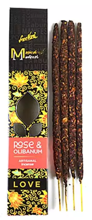 Artisan Rose and Olibanum love manifest incense sticks bundle with natural packaging and handcrafted label design