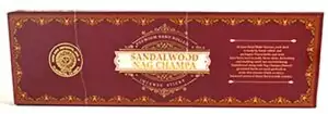 Decorative box of 100g sandalwood nag champa incense sticks with ornate design highlighting the artisan fragrance blend for meditation and spiritual ritual use.