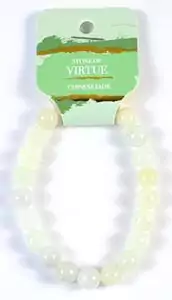 8mm jade beaded bracelet in light green and white tones displayed on a Stone of Virtue identification card for Chinese jade prosperity and protection wear.