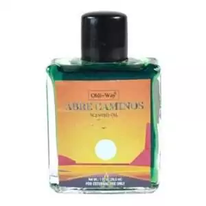 Small Abre Caminos scented oil bottle with colorful sunset and desert landscape label — 1oz Ohli~Way road opener ritual oil for external use.