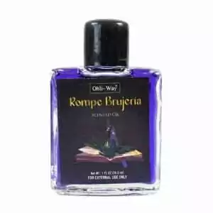 Rompe Brujeria hex breaker ritual oil 1 oz — small glass bottle of purple scented oil labeled Rompe Brujeria with the Ohli~Way brand for curse breaking.