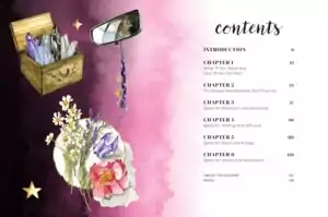 Interior table of contents from Lazy Witchcraft showing a wooden box of crystals, a mirror, and botanical elements on a decorative page.