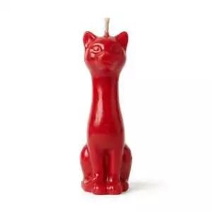 5.5-inch red wax candle sculpted as a sitting cat with a glossy finish and a wick on top for hoodoo love drawing and passion ritual burning.